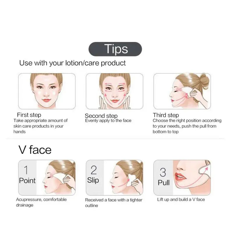 Instructional graphic showing steps to use a white heart-shaped Gua Sha stone for facial lifting and massage.