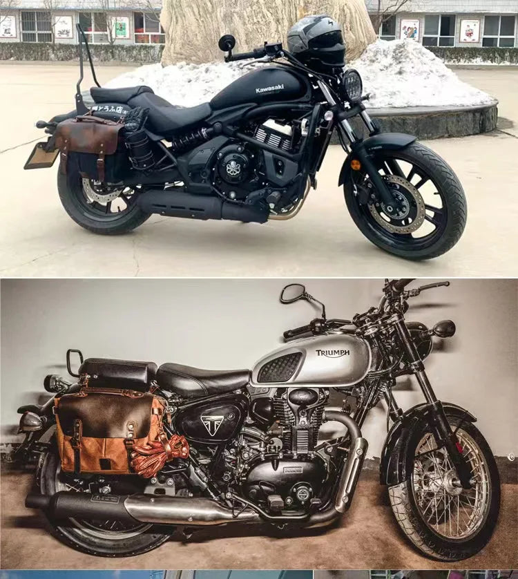 Retro oil wax canvas and crazy horse leather motorcycle saddle bag mounted as a waterproof side trunk on motorbikes.
