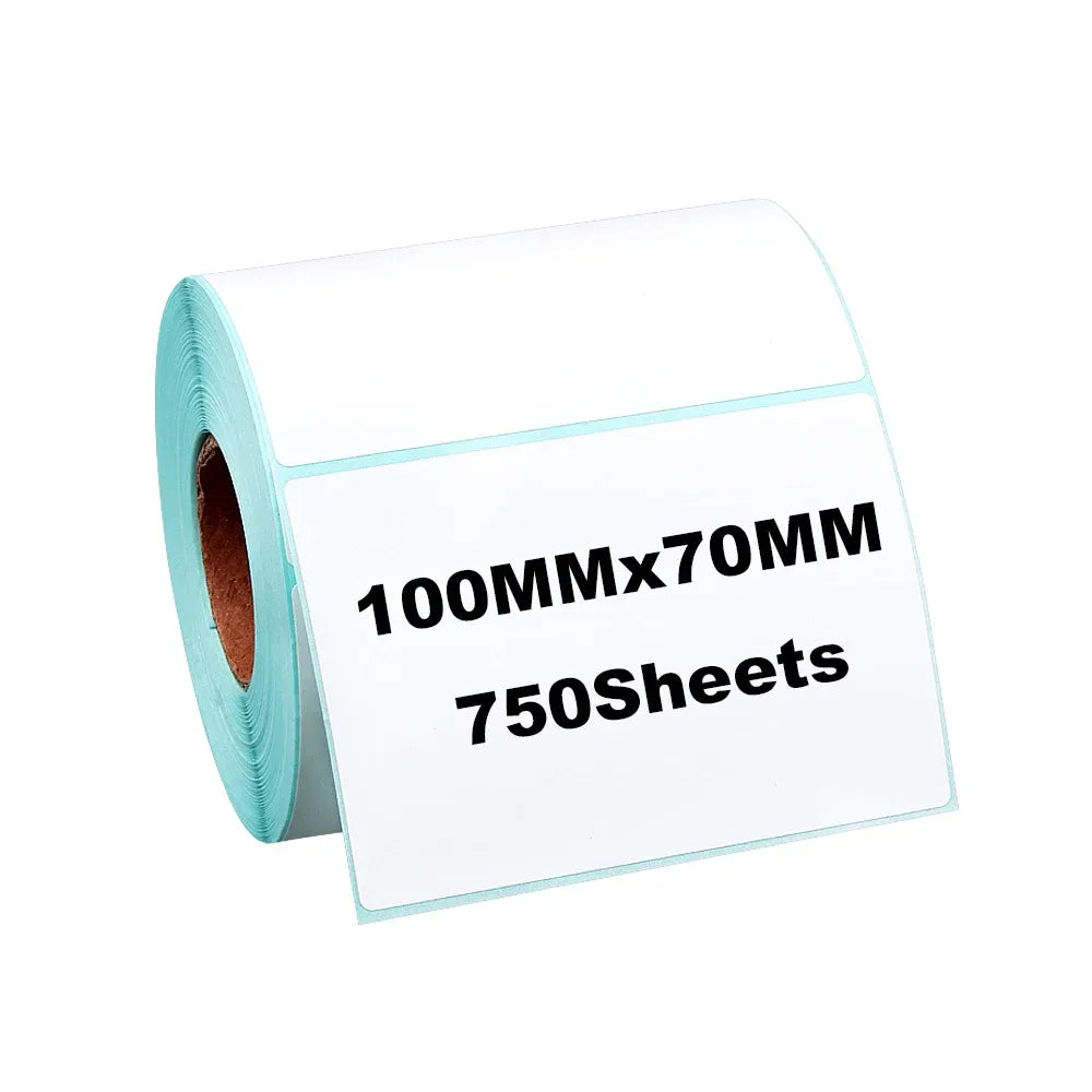 Thermal label roll with white labels, 100x70mm size, 750 sheets per roll