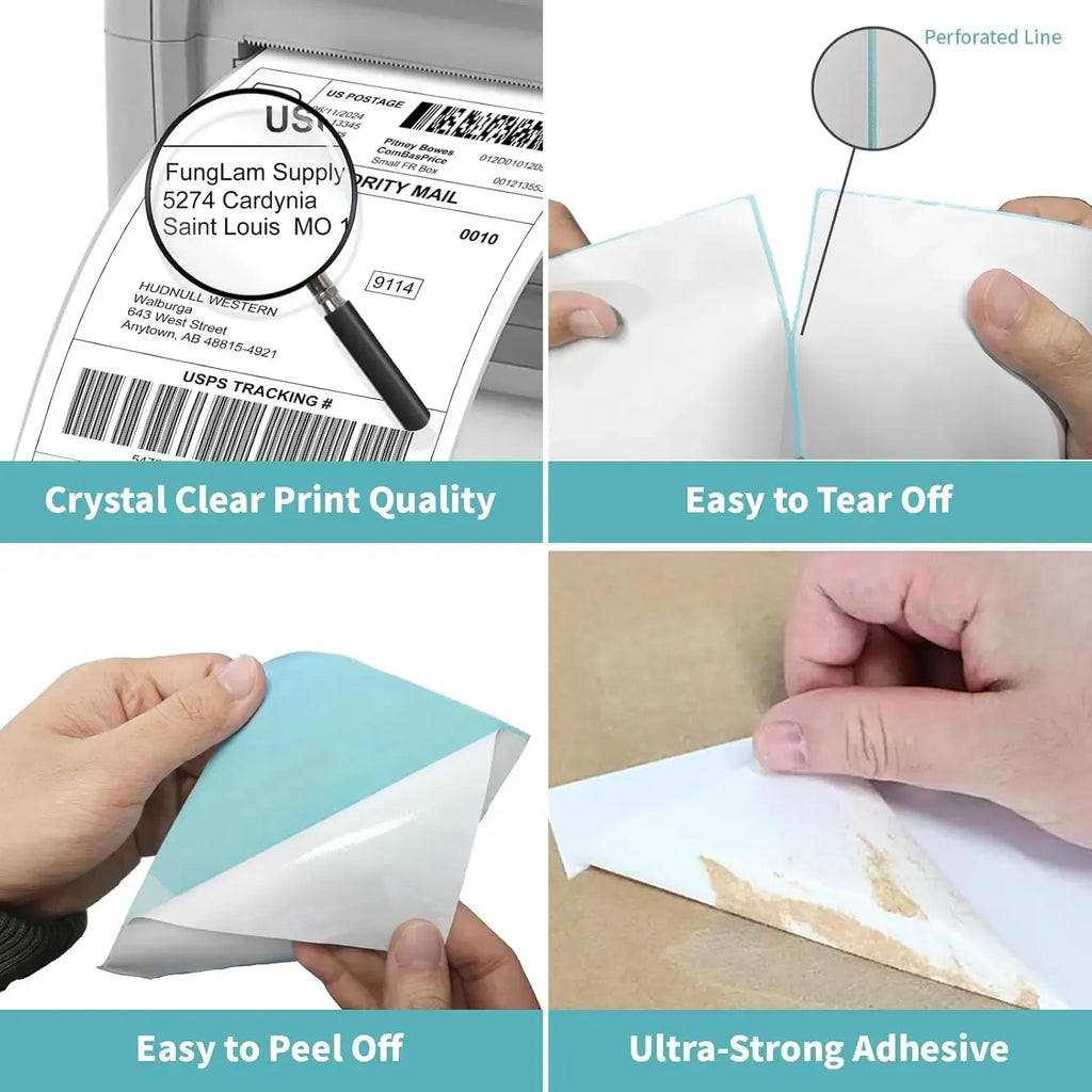 Direct thermal label roll and close-up adhesive label with barcode print area