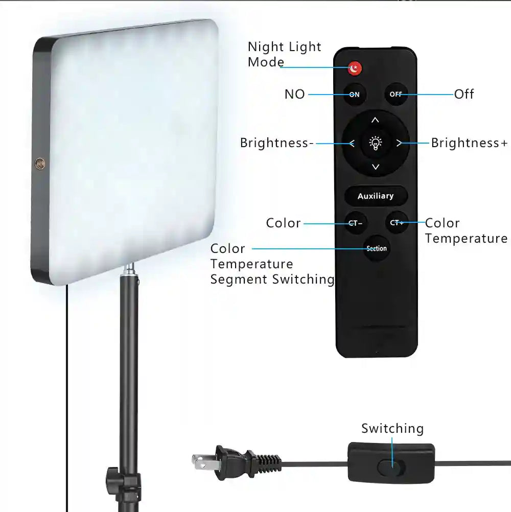 Rectangular LED panel light on a stand with remote control for adjustable brightness and color temperature.