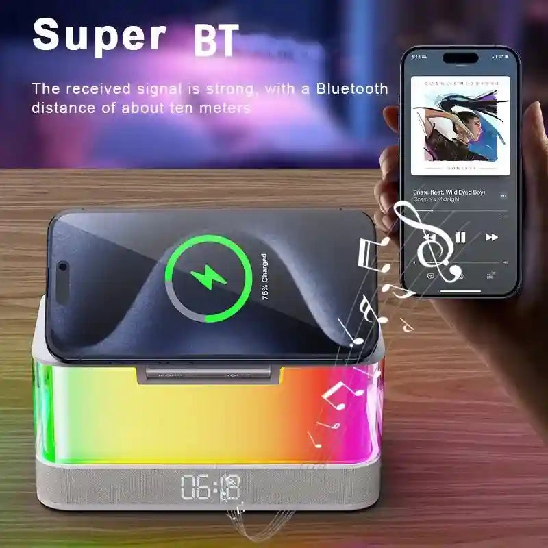 6-in-1 Wireless Charger Alarm Clock with RGB Light and Speaker - White Tidesmit