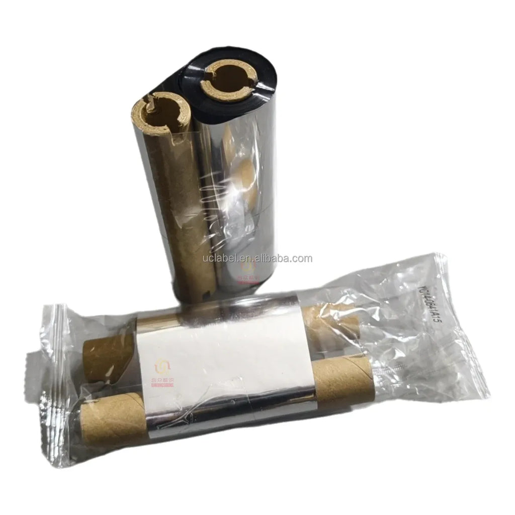 Black resin thermal transfer ribbon foil rolls in clear wrap, gold-toned cores