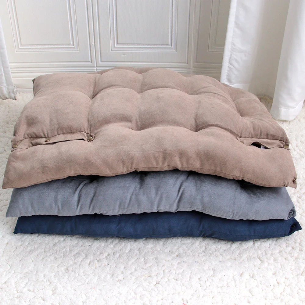Soft, warm plush dog and cat floor mat for cozy winter sleeping. Sturdy, comfortable pet sofa cushion in neutral colors.