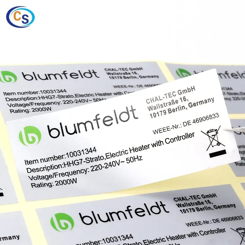 Yellow technical label stickers with printed text and warning symbols
