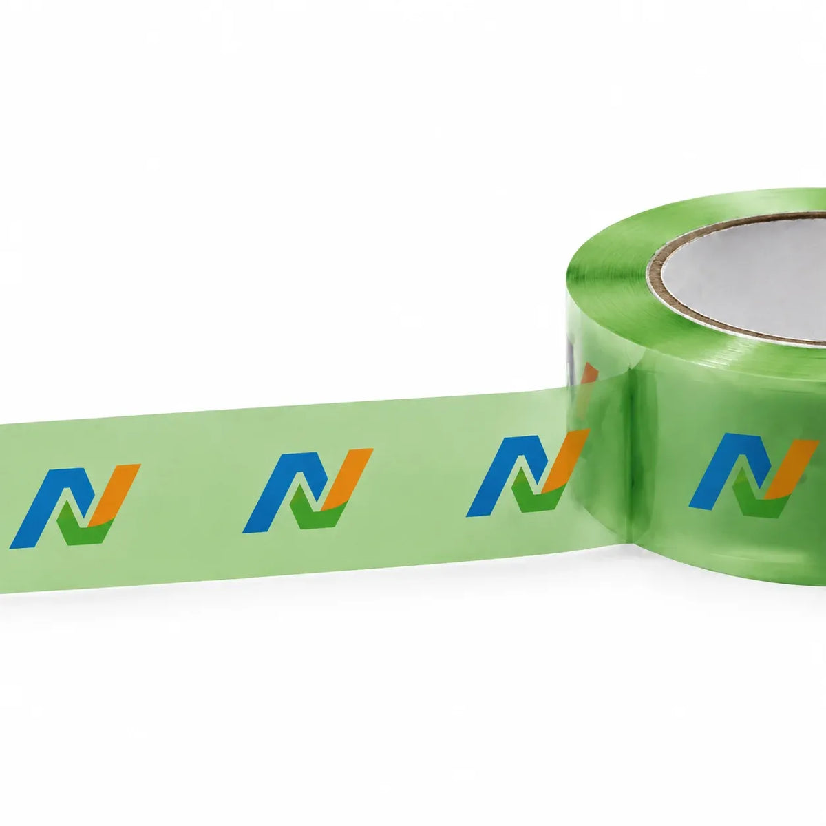 Green adhesive tape strip with repeating blue and orange “N” symbols on roll