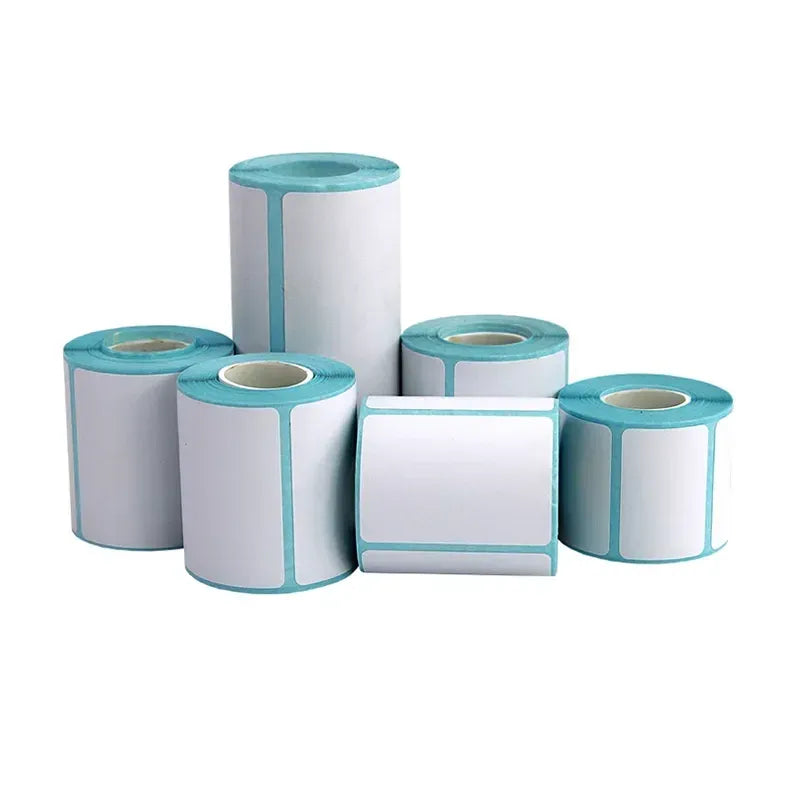 Set of sky blue direct thermal label rolls and sheets, ready for printing