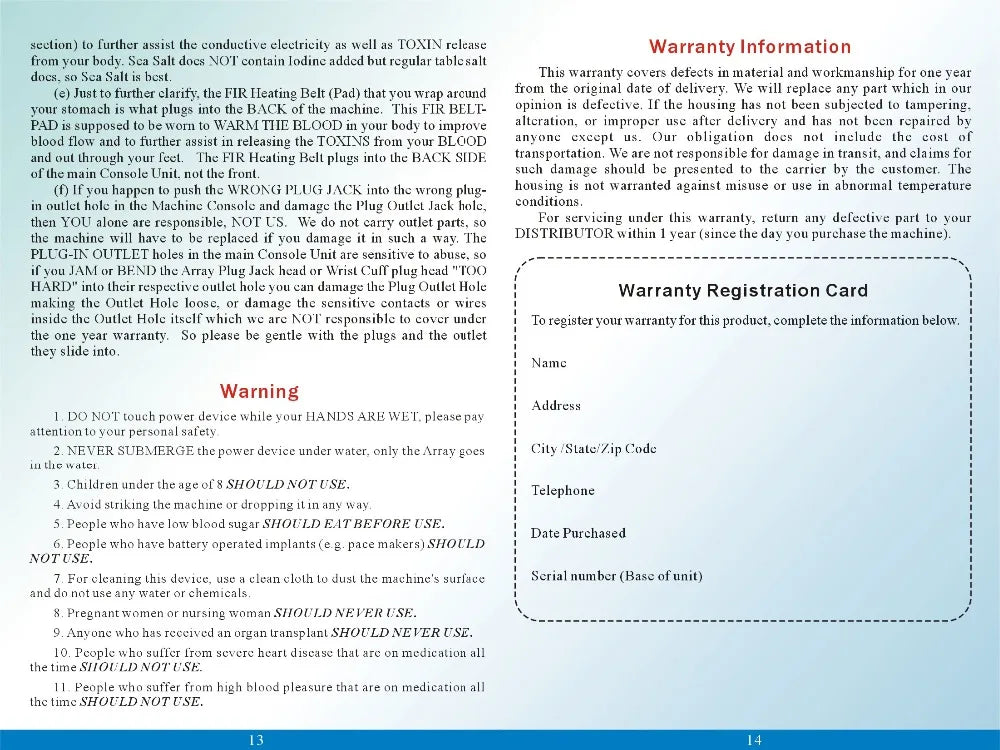 Ionic detox foot spa manual showing warranty, safety warnings, and registration card for the dual system machine.