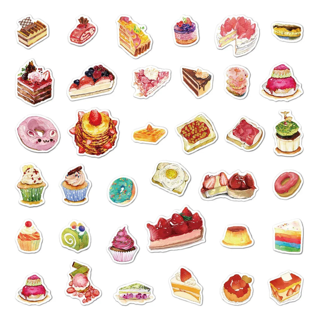 Assorted food and dessert sticker pack with cakes, slices, tacos, and drinks