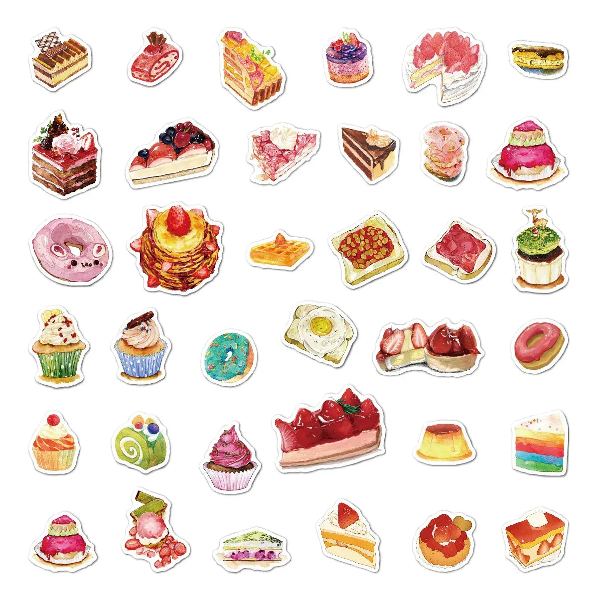 Assorted food and dessert sticker pack with cakes, slices, tacos, and drinks