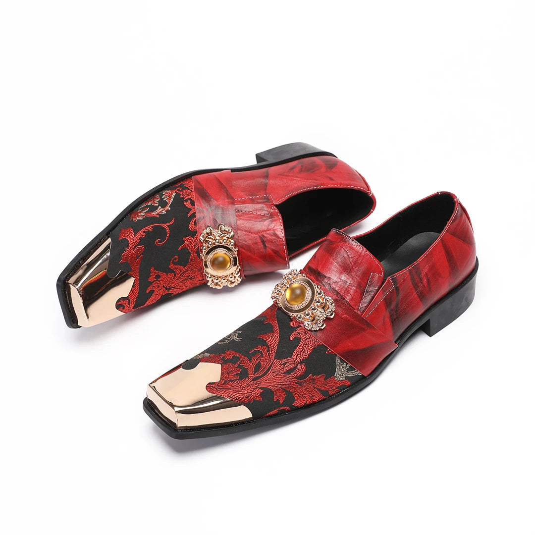 NA886 Men's Luxury Red Dress Shoes Metal Pointed Toe Loafers Wedding Party Formal Leather Shoes for Groom Stage Prom Performance