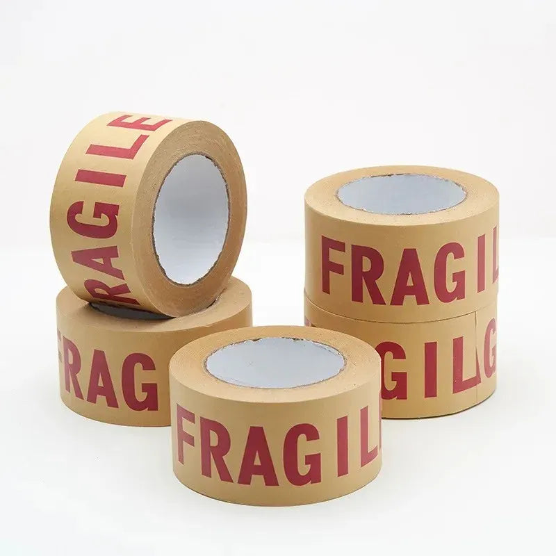 FRAGILE packing tape rolls set, tan tape with red warning text