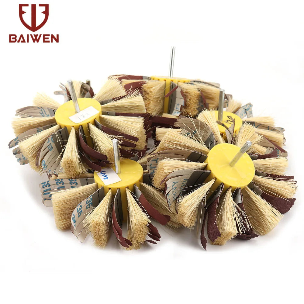 150mm x 6mm Shaft Mounted Sisal & Emery Cloth Bristle Polishing Brush Wheel for Wood Primer Sanding 80/120/180/240/320/400 Grit