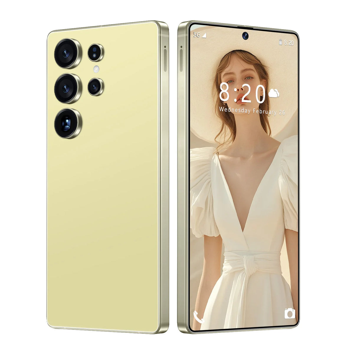 Gold dual-SIM smartphone with quad-camera on back and portrait wallpaper on front screen