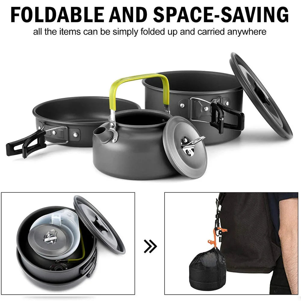 Aluminum camping cookware set folded and nested, with mesh bag for transport