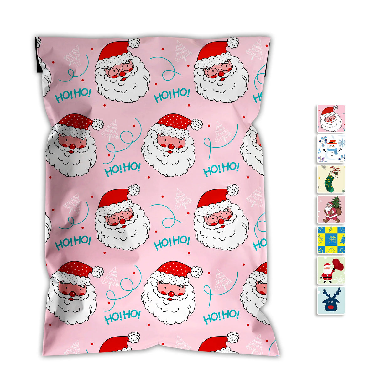 Printed poly mailer shipping bag, light pink with cartoon Santa faces and repeating HO HO HO.