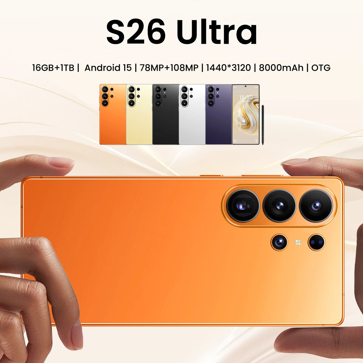 Orange smartphone back with triple rear cameras and fingerprint sensor