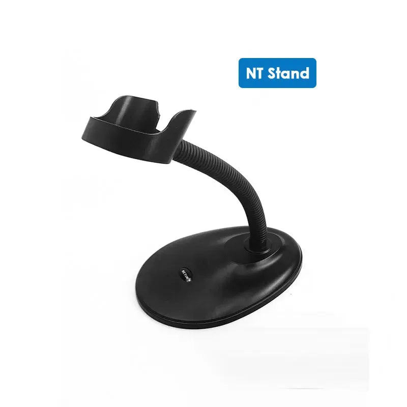 Wireless handheld barcode scanner with cradle stand, black body and flexible neck