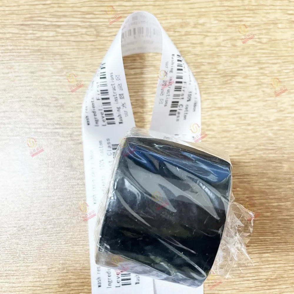 Black wax-resin thermal transfer ink ribbon roll in clear protective bag
