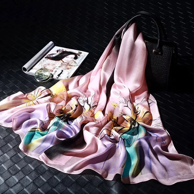 Most Popular 100% Silk Satin Scarf Fashionable Square With Bow Pattern Luxury & Colorful for Spring Summer Autumn Seasons