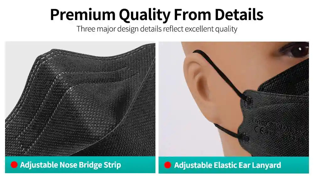 Black 4-layer FFP2 KN95 face mask with textured fabric, adjustable nose strip, and elastic ear loops on a mannequin.