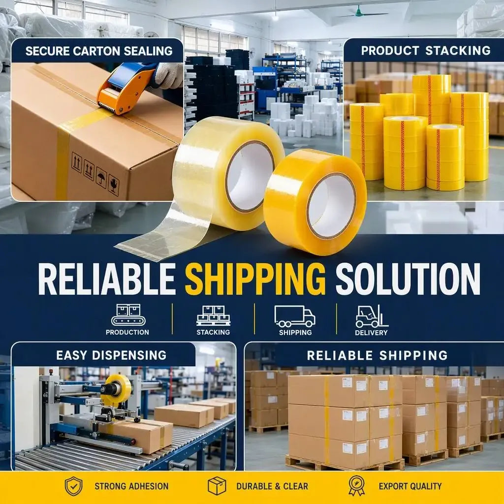 Multiple packing tape rolls in yellow and clear, for secure carton sealing