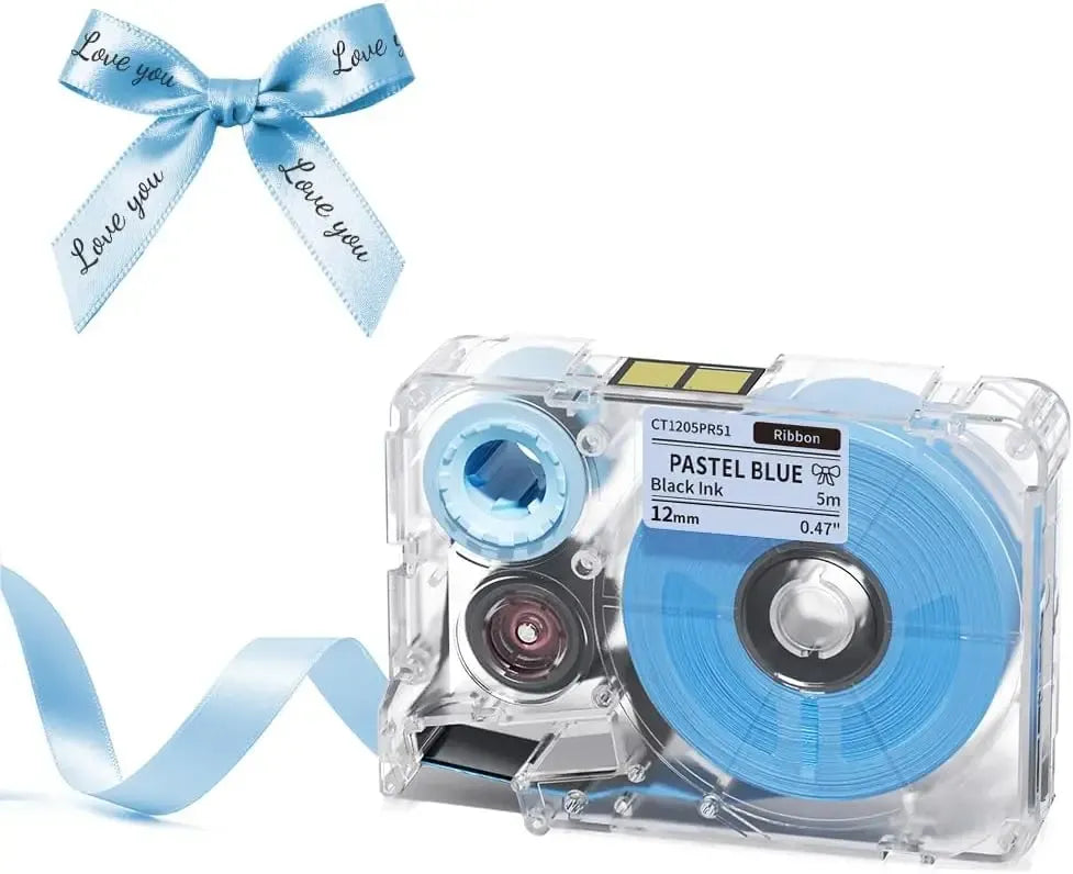 Light blue satin ribbon tape with gold "Love you" print, shown in a bow with label cartridges