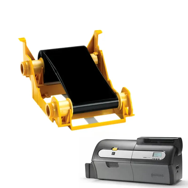 Thermal transfer ribbon cartridge with black insert, mounted in a yellow holder