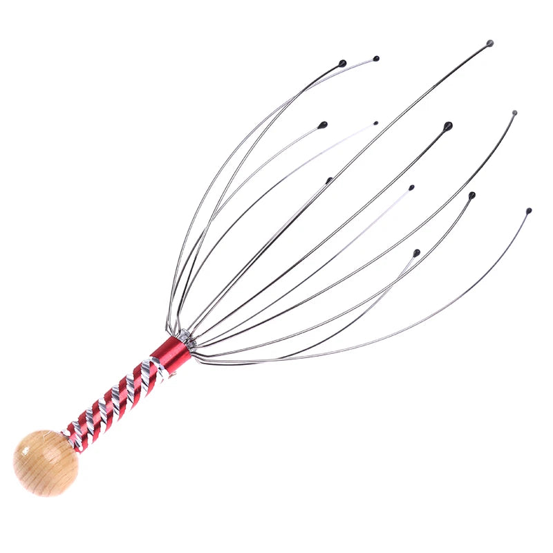 Red octopus scalp massager with metal prongs, wooden handle, and red twisted grip for stress relief and circulation.