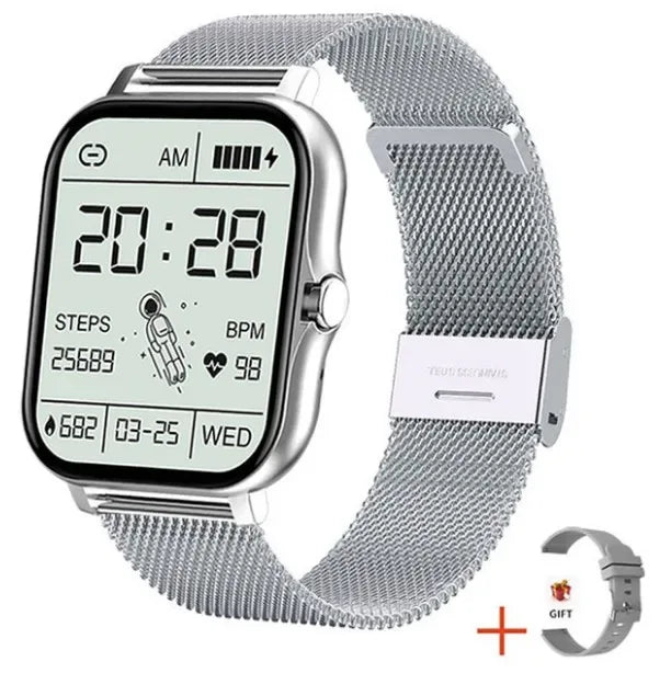 Smartwatch Fitness Tracker with Bluetooth Calling & Heart Rate Monitor 6 Silver Mesh Steel Strap + Silicone Strap Y13 My