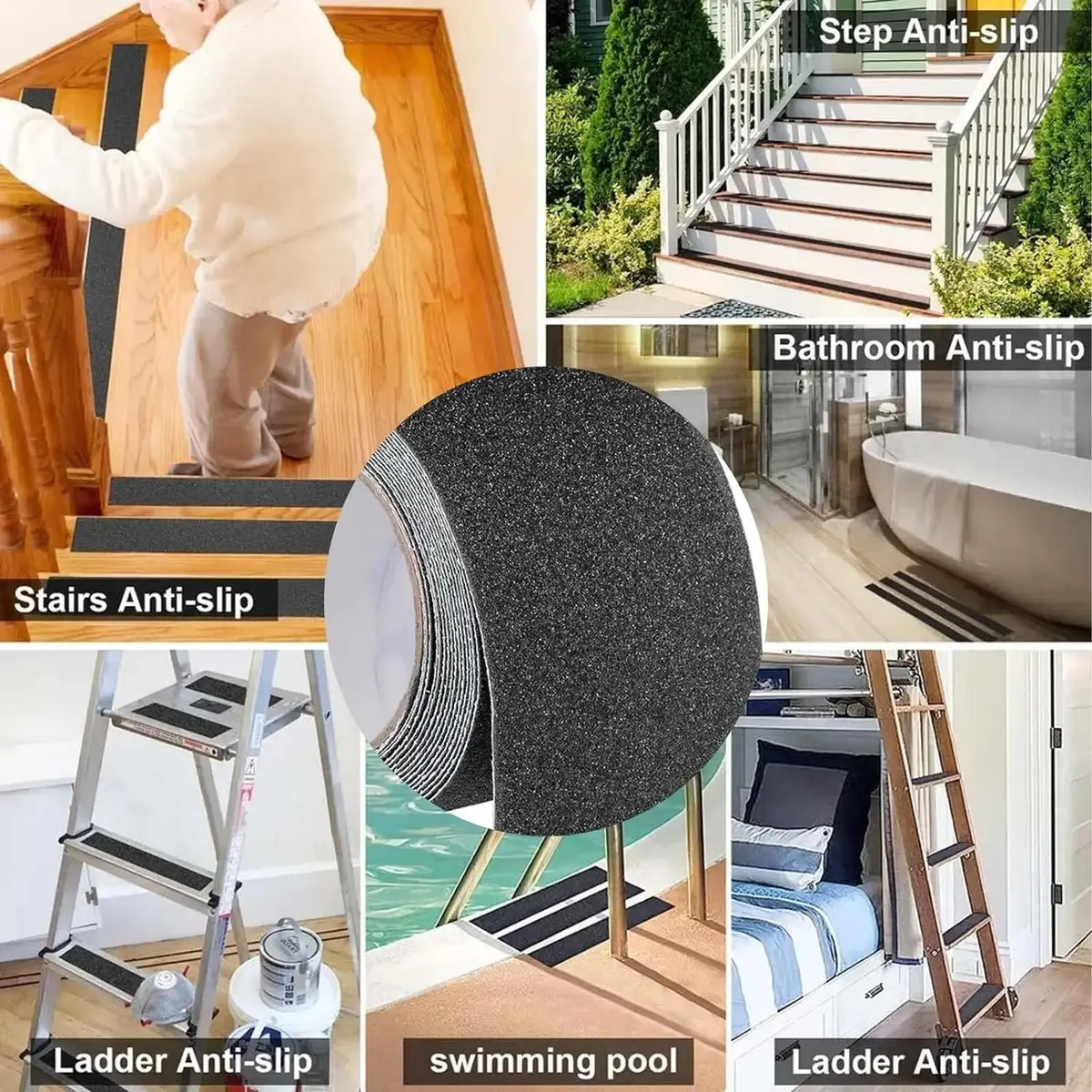 Black anti-slip grip tape roll for stairs, ladders, and bathroom areas