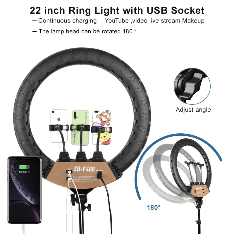 22-inch black ring light with three phone mounts and USB charging ports for streaming and photography.