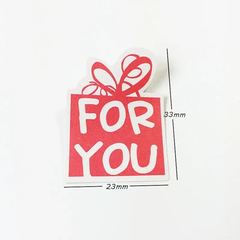 Pink 'For You' sealing sticker, gift-box bow icon with size marks
