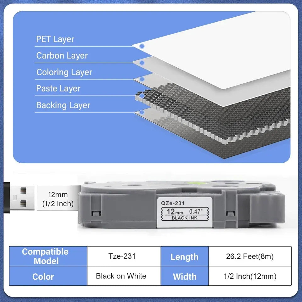 For Compatible 12mm TZ2-231 Thermal Transfer Printer Ribbon Cassette Cartridge-Waterproof 12-Month Warranty