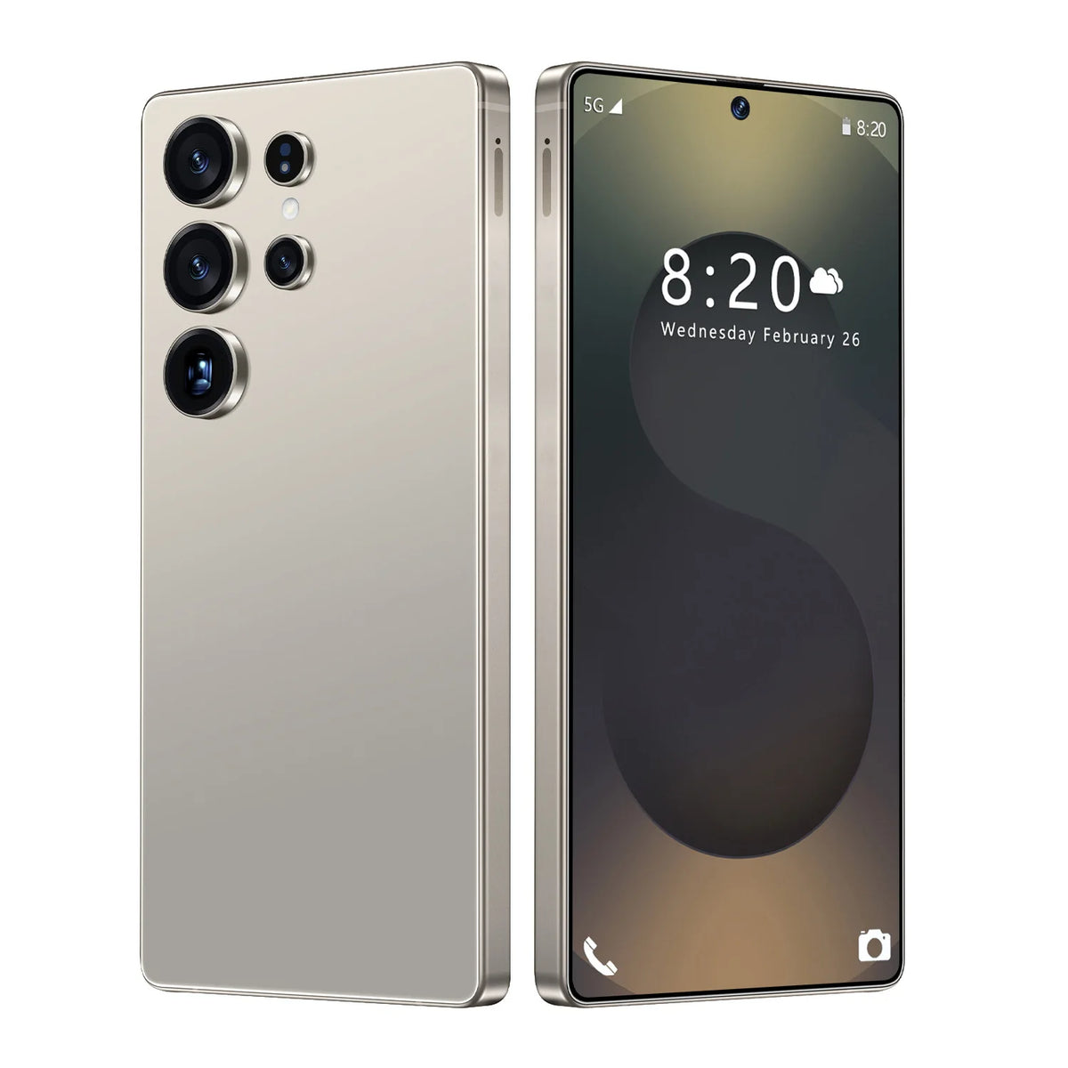 Dual smartphones: gold back phone and front display phone side by side.
