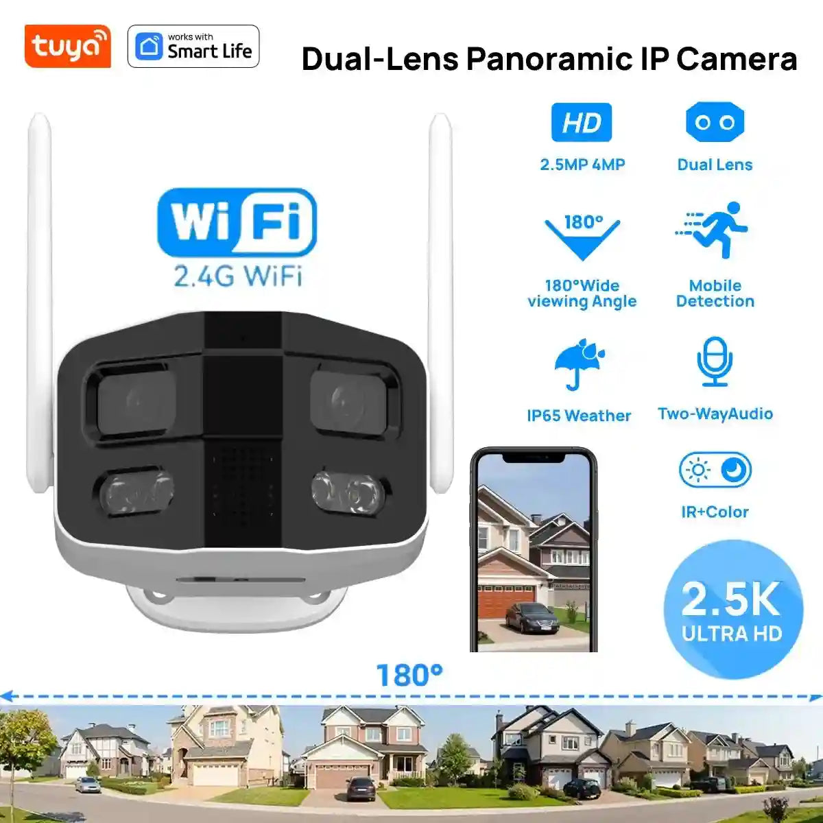 4MP Dual-Lens WiFi Security Camera - 180° Panoramic Home Monitoring Tidesmit