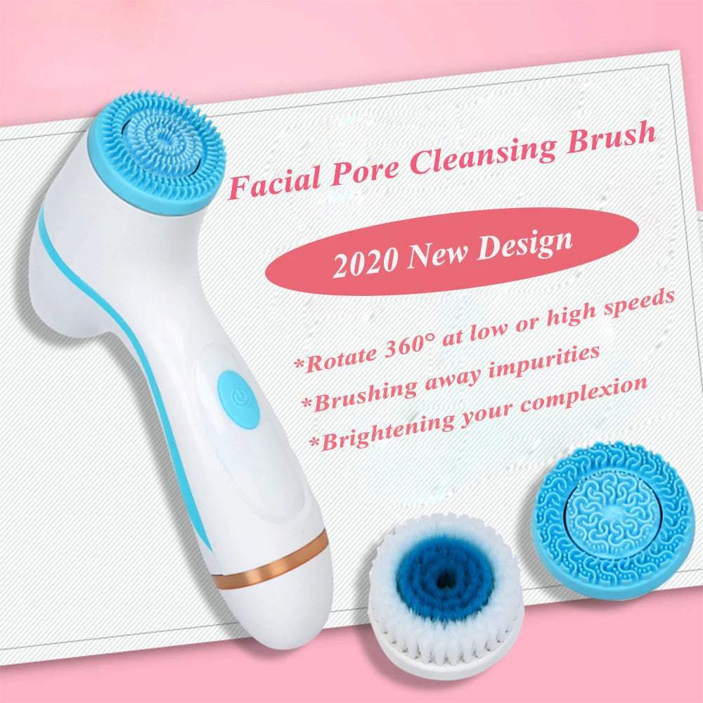 White and blue sonic facial cleansing brush with 360-degree rotating heads for deep pore skin exfoliation and massage.