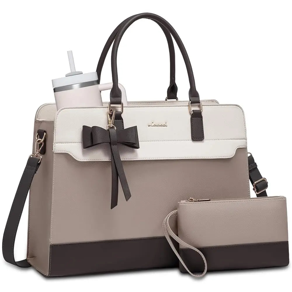 LOVEVOOK two-tone beige and brown laptop tote with bow charm, waterproof office shoulder bag for 15.6in computers.