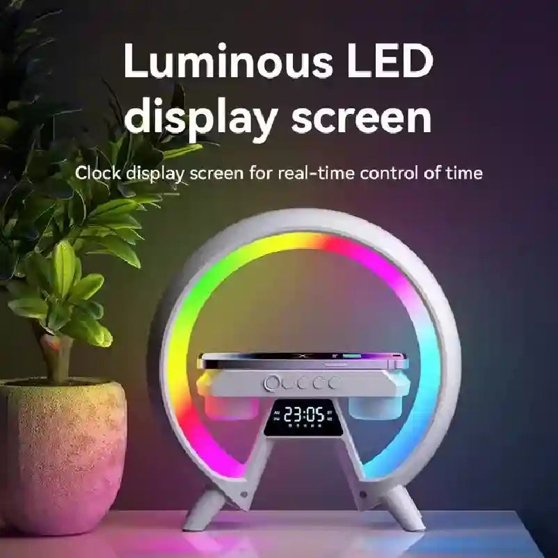 G Shape Wireless Charger Lamp with Bluetooth Speaker & Clock | White Tidesmit