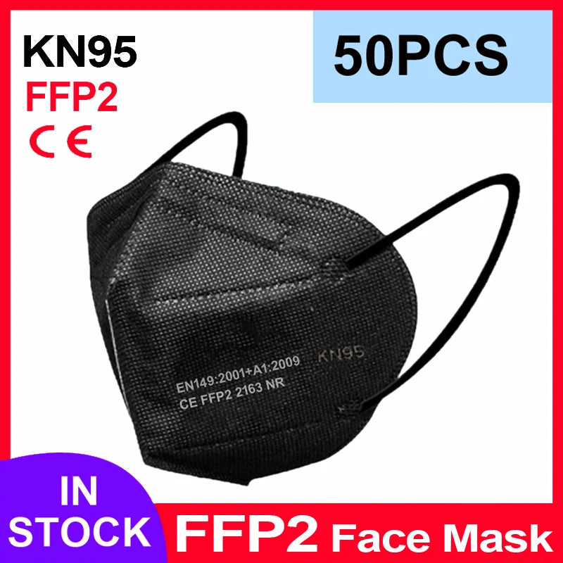 Black textured 5-layer KN95 FFP2 protective face mask with elastic ear loops, CE certified, 50-piece pack.