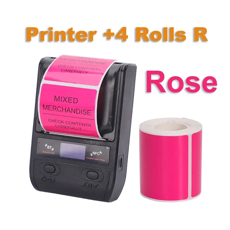 Rose handheld label printer and roll of pink label tape