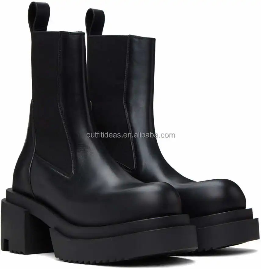 Calfskin Boots in Black Original Unisex Women Platform Block Heel Dress Leather Shoes Men Chelsea Boots Beatle Bogun Ankle Boots
