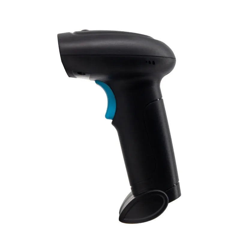 Side view of black handheld barcode scanner with blue grip accent