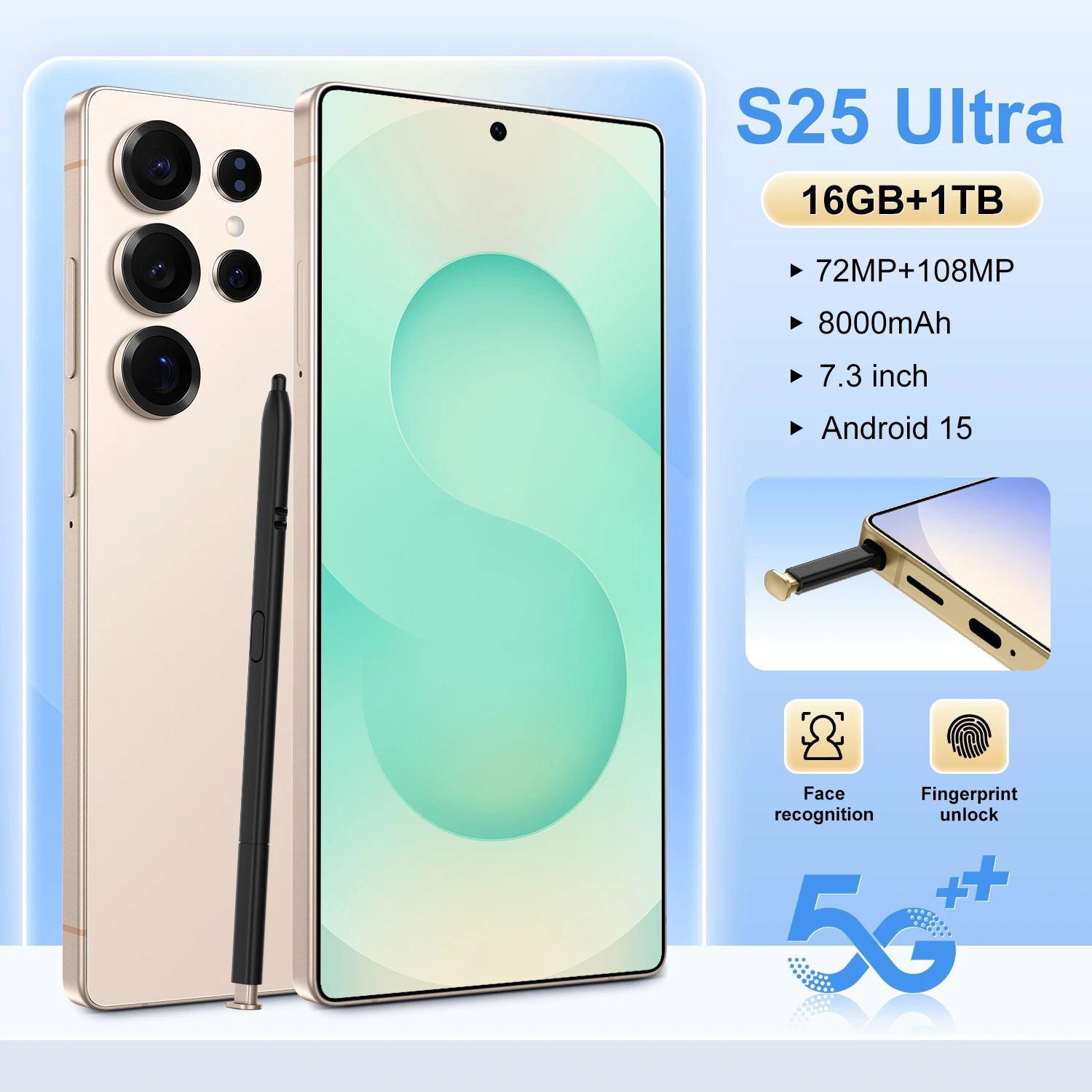 Tidesmit S25 Ultra 5G smartphone with 7-inch LED display, 108MP camera, and built-in stylus pen.