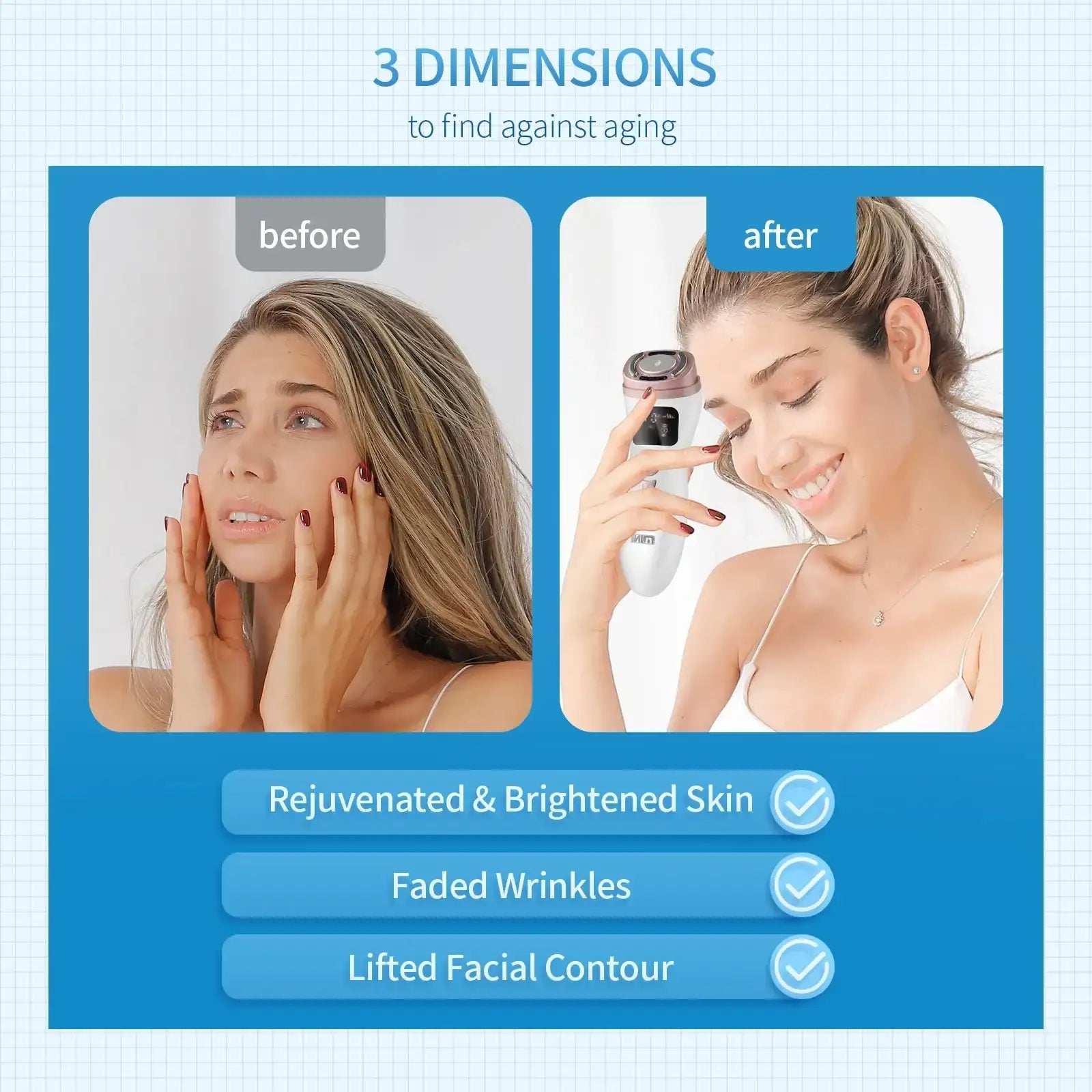 Before and after comparison of a woman using a white and rose gold portable facial lifting massager.