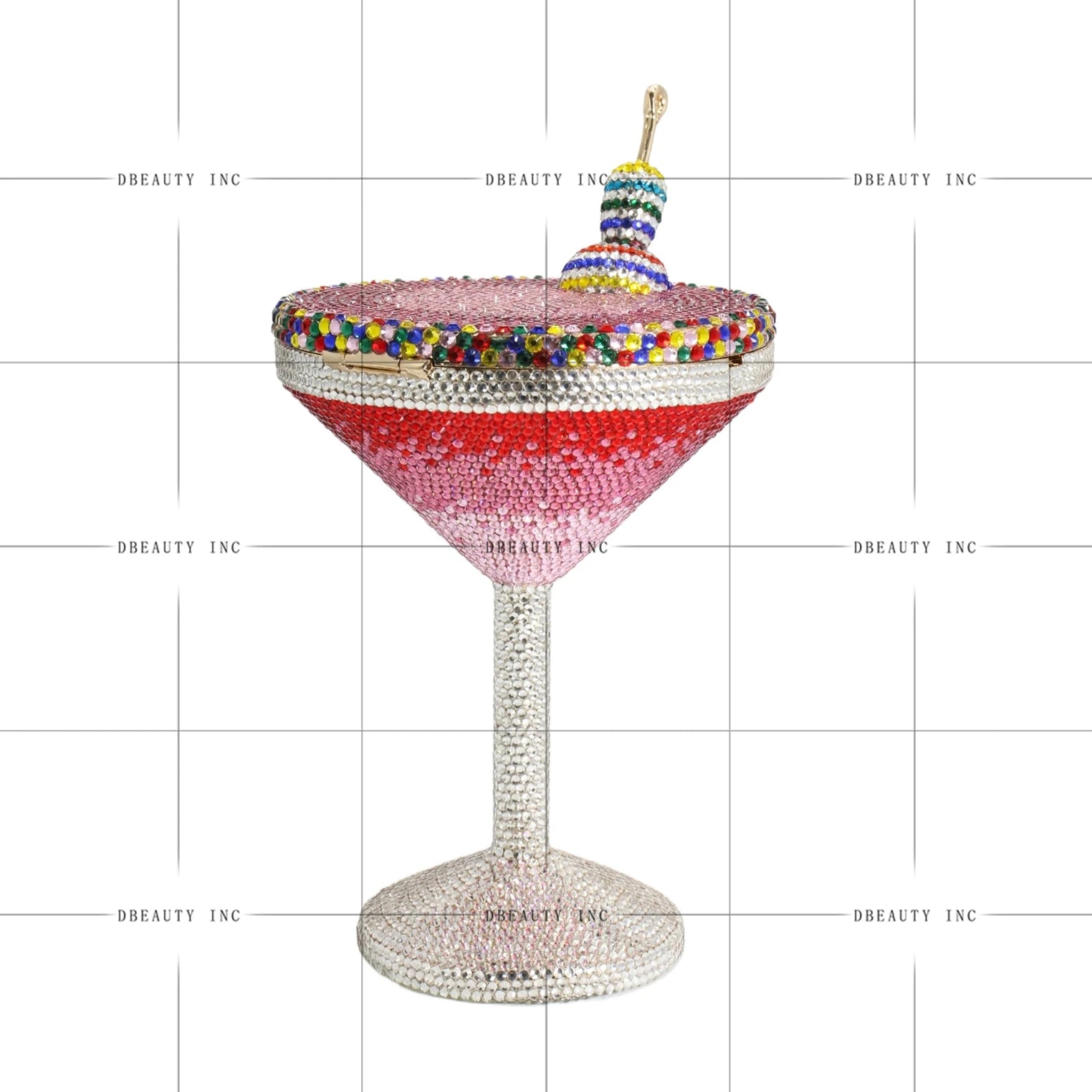 Crystal rhinestone martini glass evening clutch with colorful gems, designer handbag for formal parties and weddings.