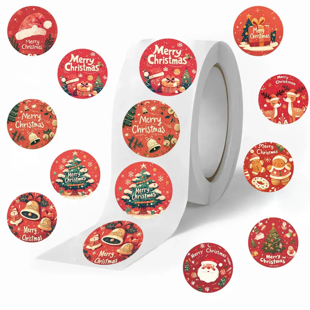 Roll of red round Merry Christmas stickers with adhesive backing, assorted holiday graphics