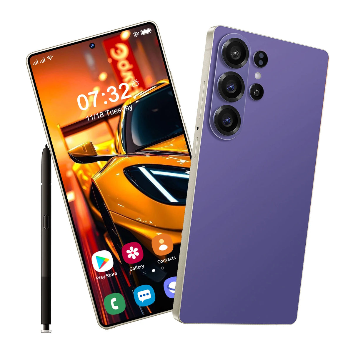 Purple S26 Ultra 5G smartphone with four rear cameras and front display, plus stylus pen