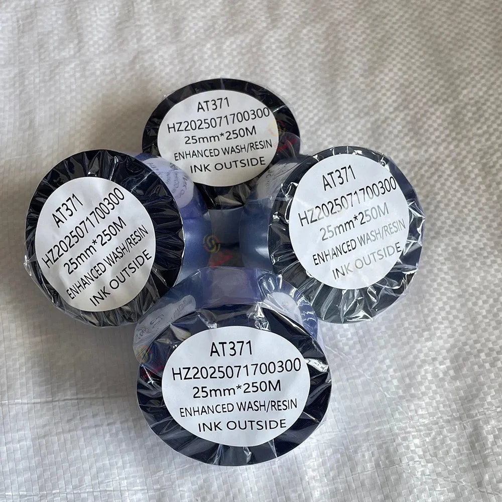 Thermal resin label ribbon rolls with printed AT371 info and ink-outside wash care text