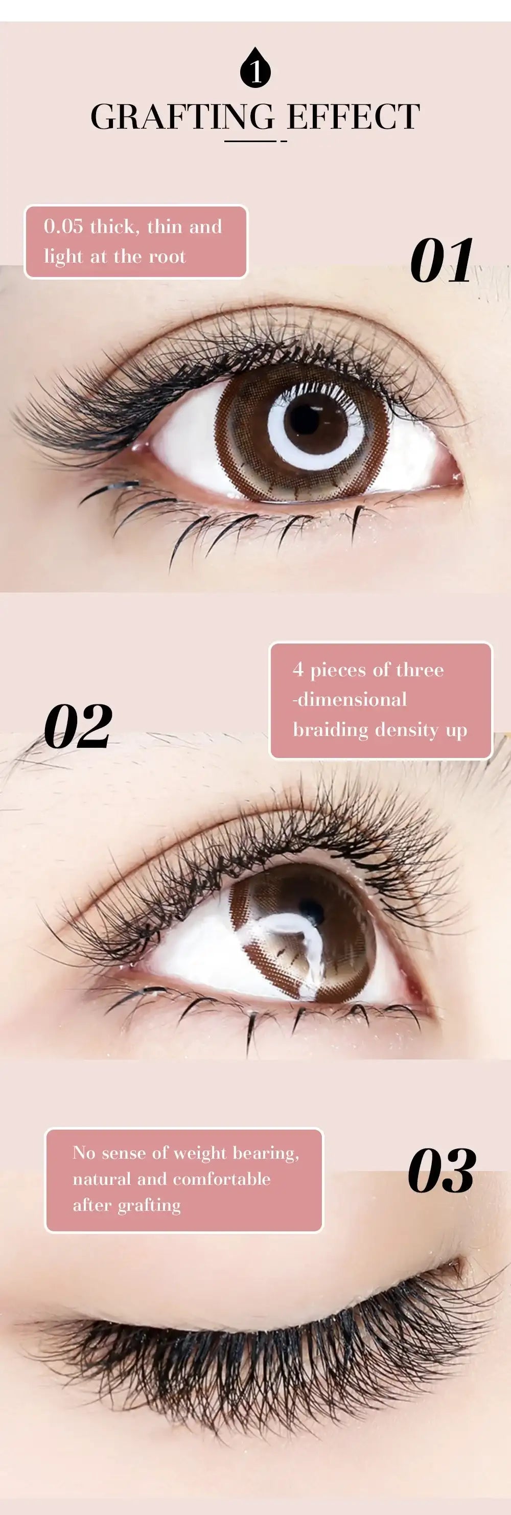 Tidesmit 4D W-shaped black eyelash extensions shown on an eye in three steps, highlighting density and comfort.